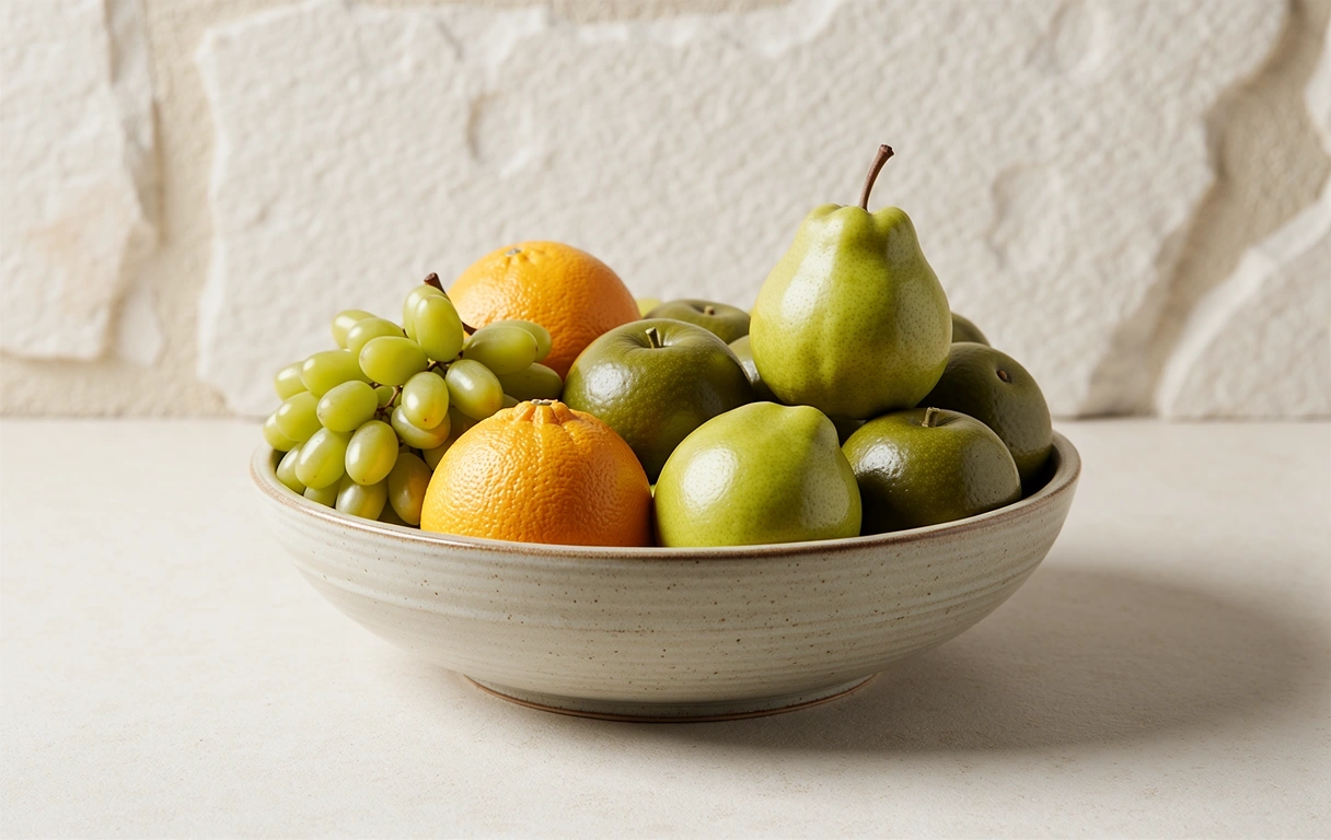 Frutas de temporada en cuenco cerámico