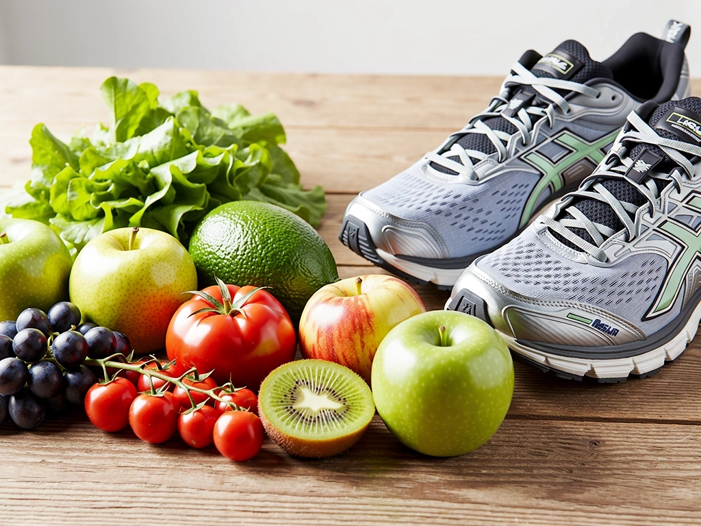 Frutas, vegetales y calzado deportivo representando un estilo de vida saludable